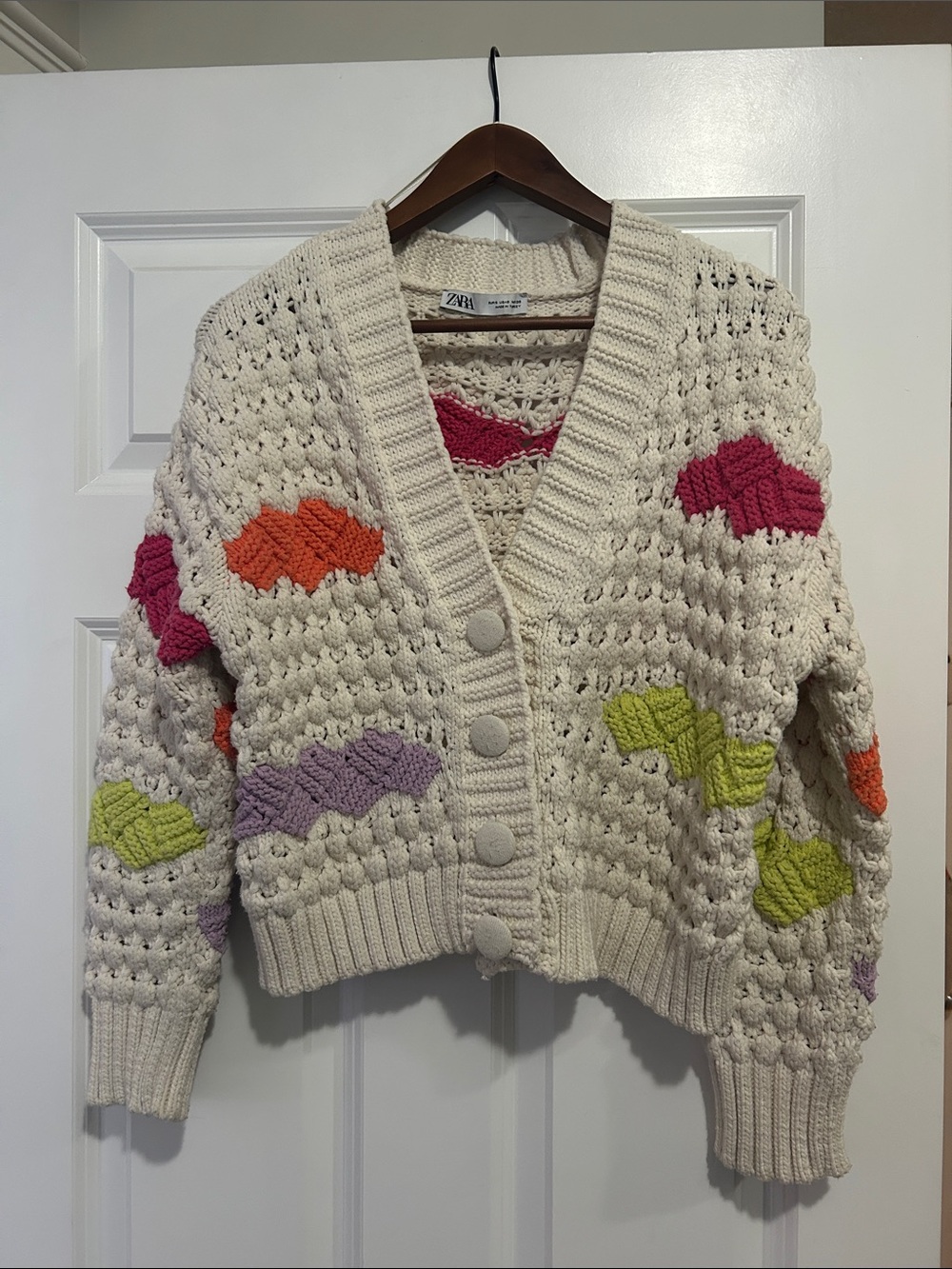 Zara Cream Crochet Cardigan with Pink, Orange, Lime & Lavender Accents